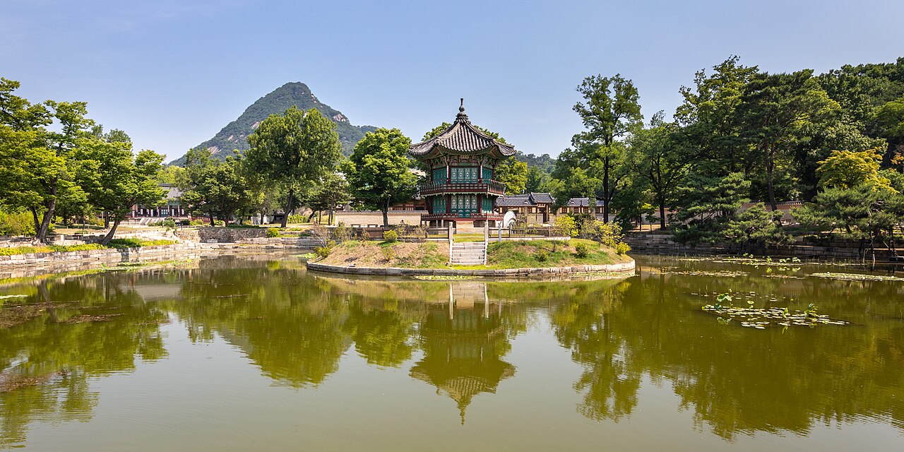 Hyangwonjeong Pavilion in its pond at Gyeongbokgung Palace, Seoul